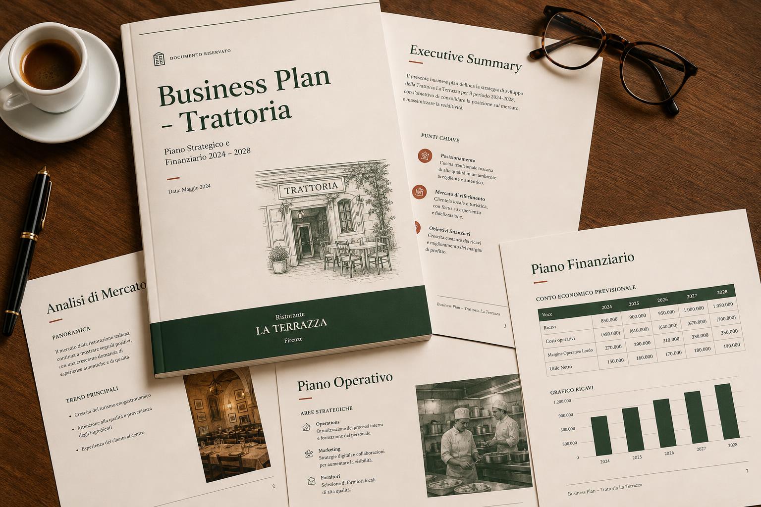 Esempio del business plan PDF generato: copertina, executive summary e piano finanziario